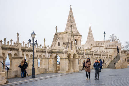 BUDAPEST, HUNGARY - MARCH 12, 2015: The Fisherman's Bastion is a terrace in neo-Gothic and neo-Romanesque style on the Castle hill in Budapest. March 12, 2015. Budapest, Hungaryのeditorial素材