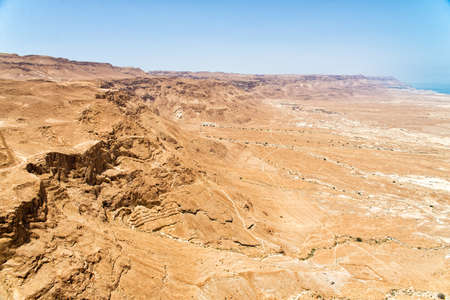 Top view from Masada fortress to the Judaean desert and the Dead Sea