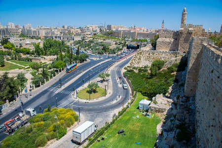 stone wall around the Old City of Jerusalemの写真素材