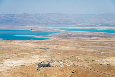Top view from Masada fortress to the Judaean desert and the Dead Seaの写真素材