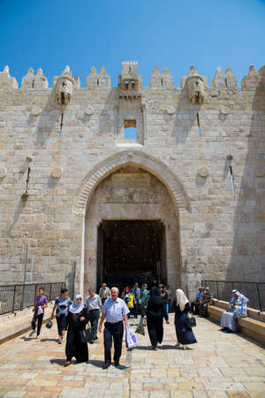 JERUSALEM, ISRAEL - JUNE 2, 2015: Damascus Gate  is one of the main entrances to the Old City of Jerusalem. June 2, 2015. Jerusalem, Israel.のeditorial素材