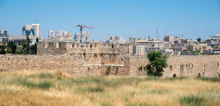 stone wall around the Old City of Jerusalemの写真素材
