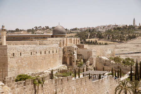 stone wall around the Old City of Jerusalemの写真素材