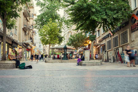 JERUSALEM, ISRAEL - JUNE 2, 2015: One of the central streets of Jerusalem with cafes and...