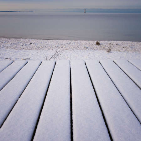 Snow on the wooden floorの写真素材