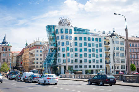 PRAGUE, CZECH REPUBLIC - MAY 8, 2015: Dancing House Deconstructivist original administrative office building near the northern limits of the city center of the Czech capital Prague, built Vlado Mylunychem and Frank Gehry in 1992 96 years. May 8, 2015. Praのeditorial素材