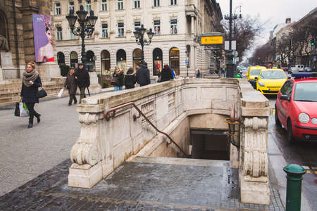 BUDAPEST, HUNGARY - MARCH 13, 2015: Entrance to the old subway station in Budapestのeditorial素材
