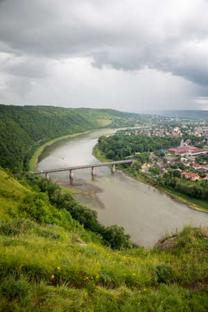 Top view of the river Dniester and the city Zalishchykyの写真素材