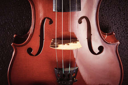 part of a violin on a black background with hard lightの写真素材