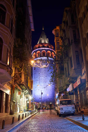 ISTANBUL, TURKEY - MAY 2, 2017: View of the Galata Tower in the historic district in Istanbul at nightの写真素材