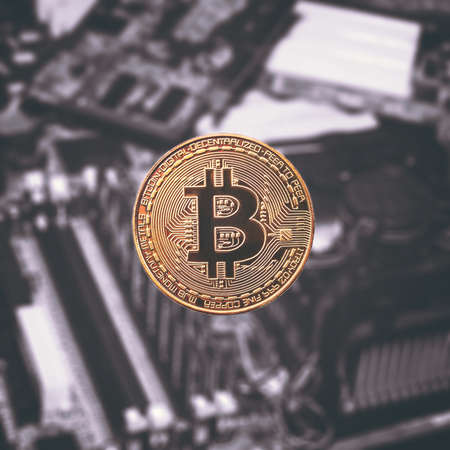 golden coin bitcoin  on a blurred background of video cardsの写真素材
