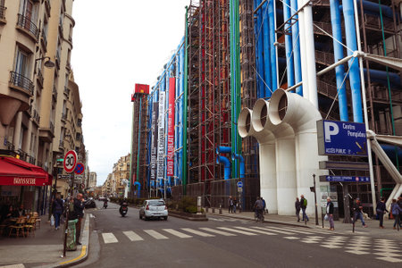 PARIS, FRANCE -APRIL 7, 2018: National Center for Art and Culture Georges Pompidou, in common speech Center Georges Pompidou, Center Pompidou or Beaubourg is a cultural center in the Beaubourg quarter of the 4th district of Paris between the quarters of Lのeditorial素材