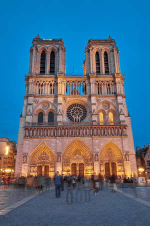 Notre-Dame de Paris front view at nightの写真素材