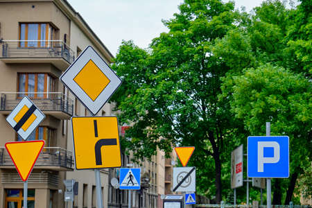 Road signs in the streets of Krakowの写真素材