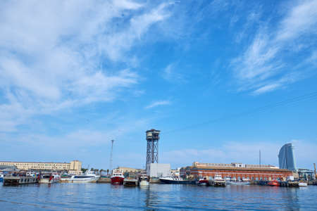BARCELONA, SPAIN -MAY 18, 2018: Tower of the cable car in the port of the cityの写真素材