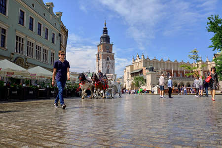 KRAKOW, POLAND - MAY 8, 2018: Town Hall Tower  is one of the main focal points of the Main Market Square in the Old Town.のeditorial素材