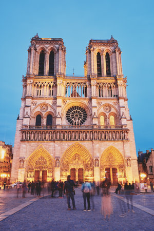 Notre-Dame de Paris front view at nightの写真素材
