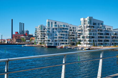 Modern buildings on the bank of the canal in Copenhagen, Denmark.の写真素材