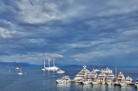CORFU, GREECE - AUGUST 16, 2018: Sailing yacht A and other yachts in the port ofのeditorial素材