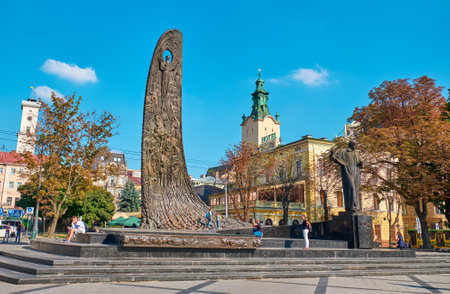 Lviv, Ukraine - September 20, 2018:  The Monument to Taras Shevchenkoのeditorial素材