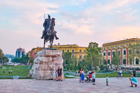 TIRANA, ALBANIA - AUGUST 9, 2018:  The Skanderbeg Square  is the main plaza in the centre of Tiranaのeditorial素材