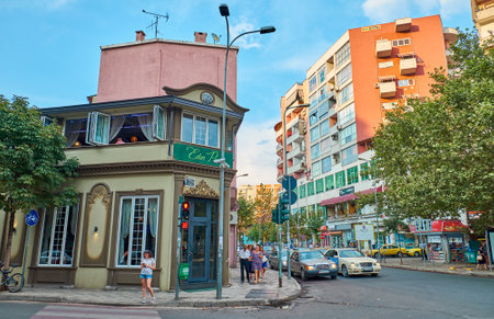 TIRANA, ALBANIA - AUGUST 9, 2018: Road and buildings in the city centerのeditorial素材