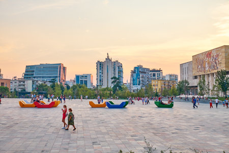 TIRANA, ALBANIA - AUGUST 9, 2018:  The Skanderbeg Square  is the main plaza in the centre of Tiranaのeditorial素材