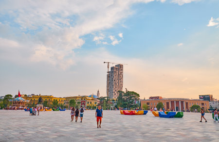 TIRANA, ALBANIA - AUGUST 9, 2018:  The Skanderbeg Square  is the main plaza in the centre of Tiranaのeditorial素材