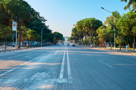 TIRANA, ALBANIA - AUGUST 9, 2018: Paving stone road in the city centerのeditorial素材