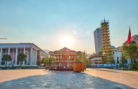 TIRANA, ALBANIA - AUGUST 9, 2018:  The Skanderbeg Square  is the main plaza in the centre of Tiranaのeditorial素材