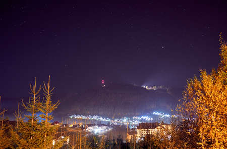 Beautiful landscape. Night sky with stars in the Carpathian mountains.の写真素材