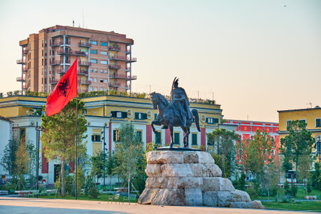 TIRANA, ALBANIA - AUGUST 9, 2018:  The Skanderbeg Square  is the main plaza in the centre of Tiranaのeditorial素材