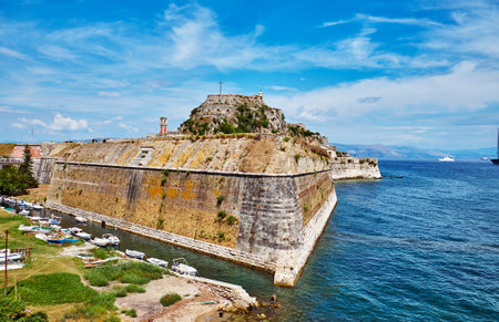 View of the sea and The Old Fortress of Corfuのeditorial素材