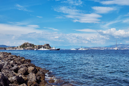 View of the sea and The Old Fortress of Corfuのeditorial素材