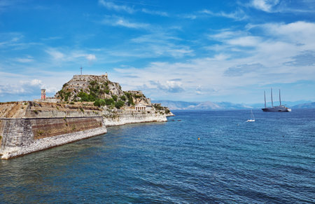 View of the sea and The Old Fortress of Corfuのeditorial素材