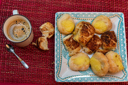 Family breakfast, juice and coffee to start the day with energyの写真素材