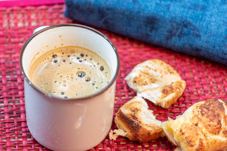Family breakfast, juice and coffee to start the day with energyの写真素材