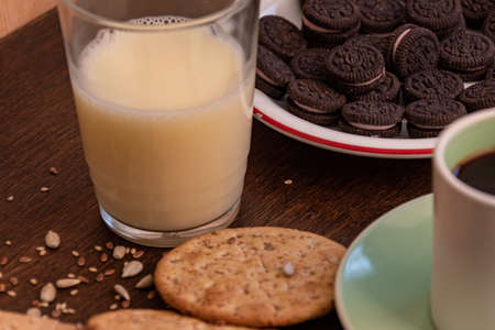 juice, yogurt, and other foods for breakfast or snack, at homeの写真素材