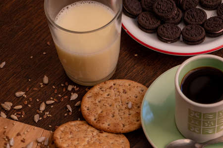 juice, yogurt, and other foods for breakfast or snack, at homeの写真素材