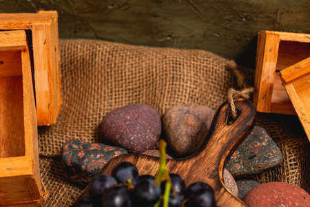 freshly cut fresh grapes in a rustic settingの写真素材