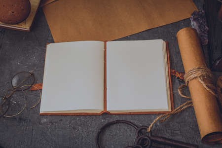 old keys and symbols in wood and with little natural lightの写真素材