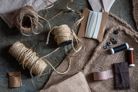 different threads for rustic ornaments in brown tonesの写真素材