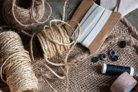 different threads for rustic ornaments in brown tonesの写真素材