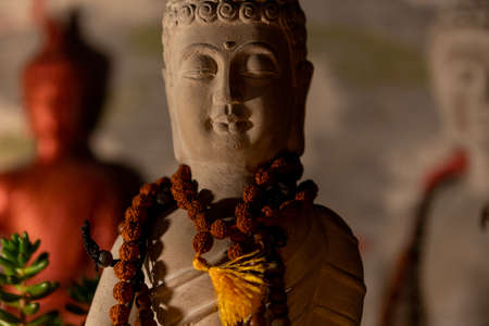 buddha statue image on altar with candles and plantsの写真素材