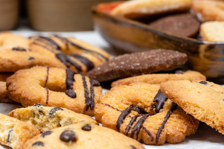 Homemade cookies with chocolate and raisins. Selective focus.の写真素材