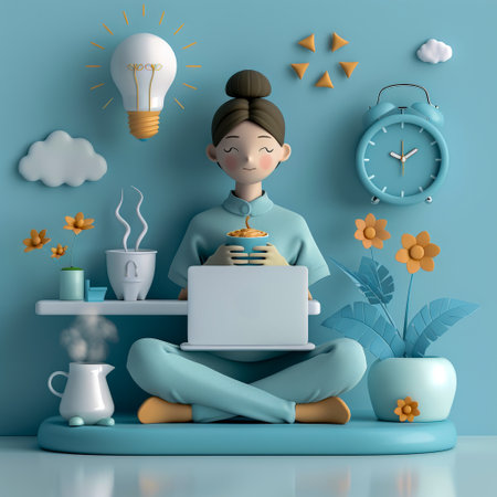 3D Illustration of a girl working on a laptop in the roomの素材