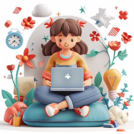 Girl with laptop sitting on a beanbag. 3d illustration.の素材