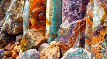 close up of a pile of colorful gemstones in a shop windowの素材