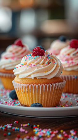 Cupcakes with raspberries and blueberries on a plateの素材