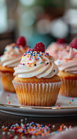 Cupcakes with fresh raspberries and colorful sprinkles.の素材